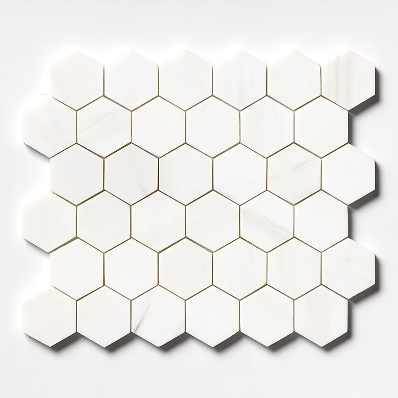 The same hexagon sheet straight on, showing faint grey veining across the white hexagons and the fine tan grout lines between them.