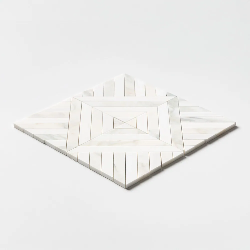 The Ponte pattern in Calacatta Renaissance marble: white strips laid as concentric squares framing a small central diamond, the sheet turned to sit on point.