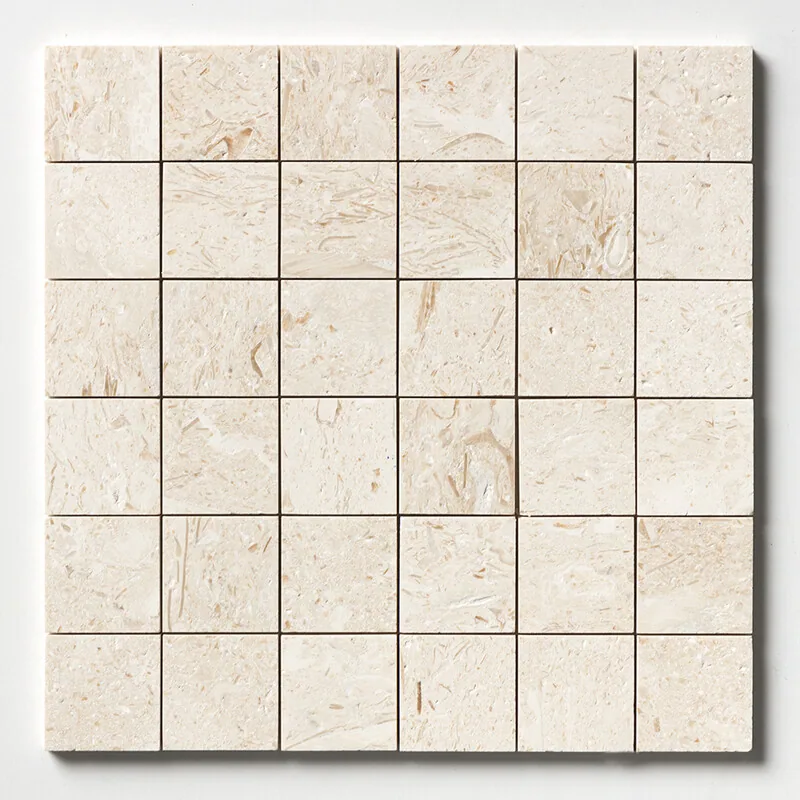 The Desert Path sheet straight on, thirty-six cream squares marked with pale fossil and shell inclusions through the limestone.