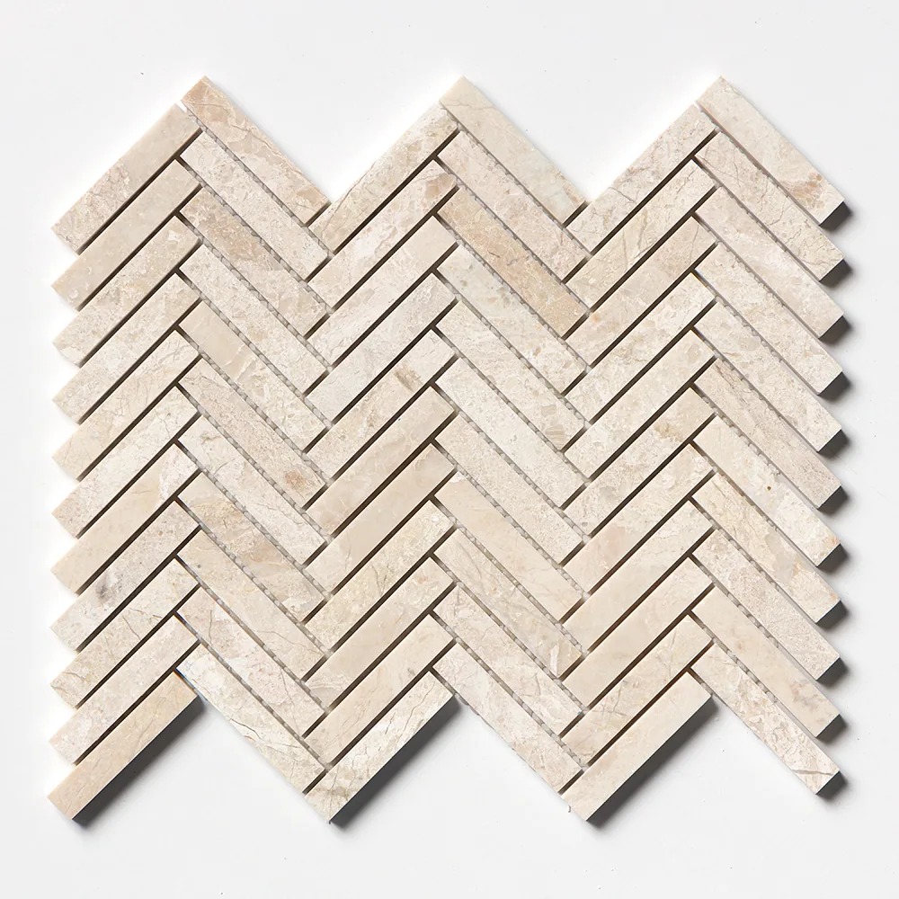 The narrow herringbone seen straight on, the cream batons carrying soft beige banding along their length.