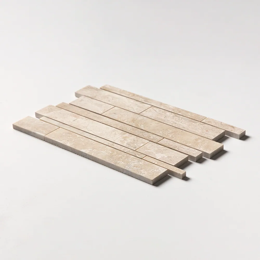 Long cream marble strips of varying length laid in horizontal bands, the sheet angled so the ends step out over a white ground.