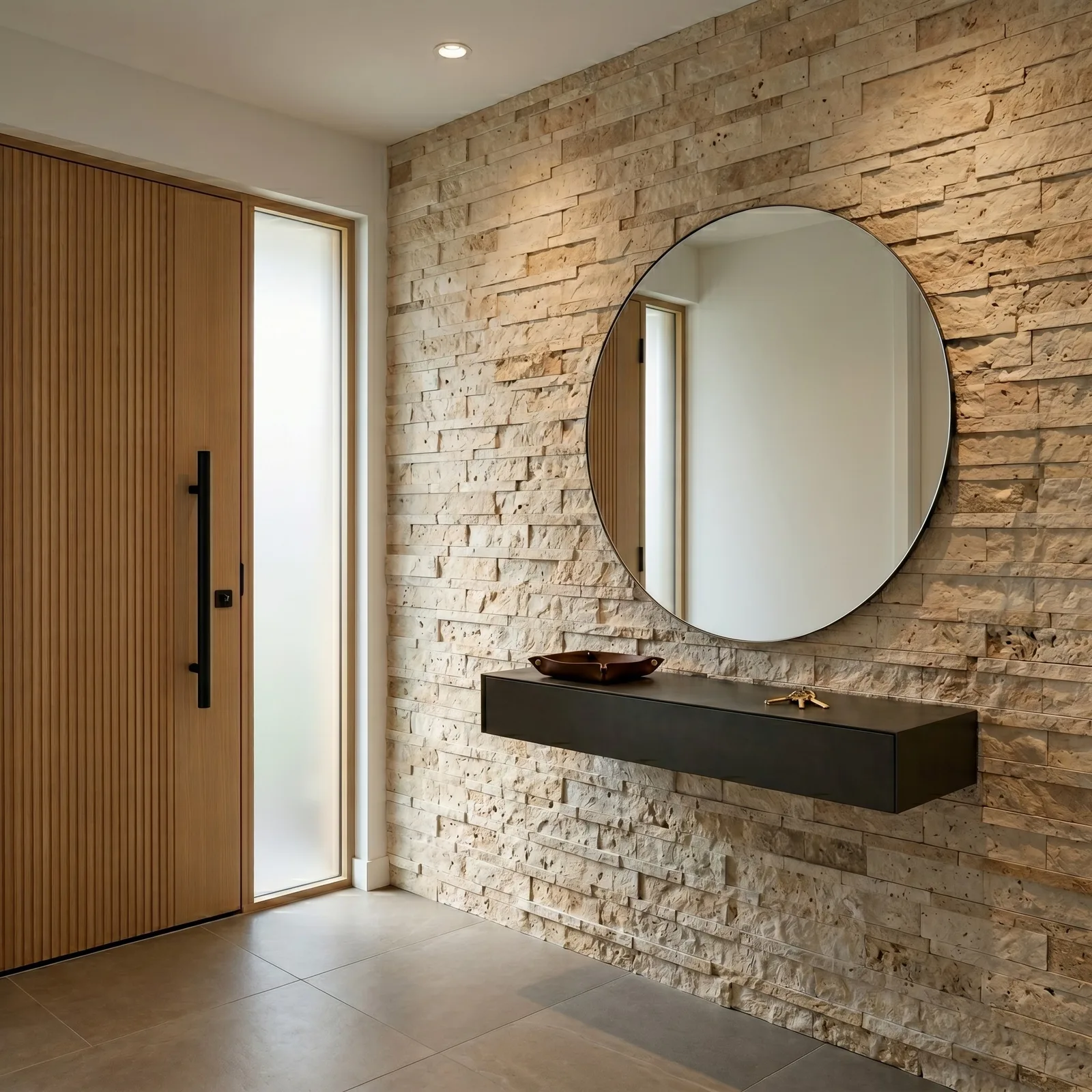Entrance hall clad in Light Noce travertine ledger panel, with a round mirror and a black floating console set against the split-face stone beside a timber front door.