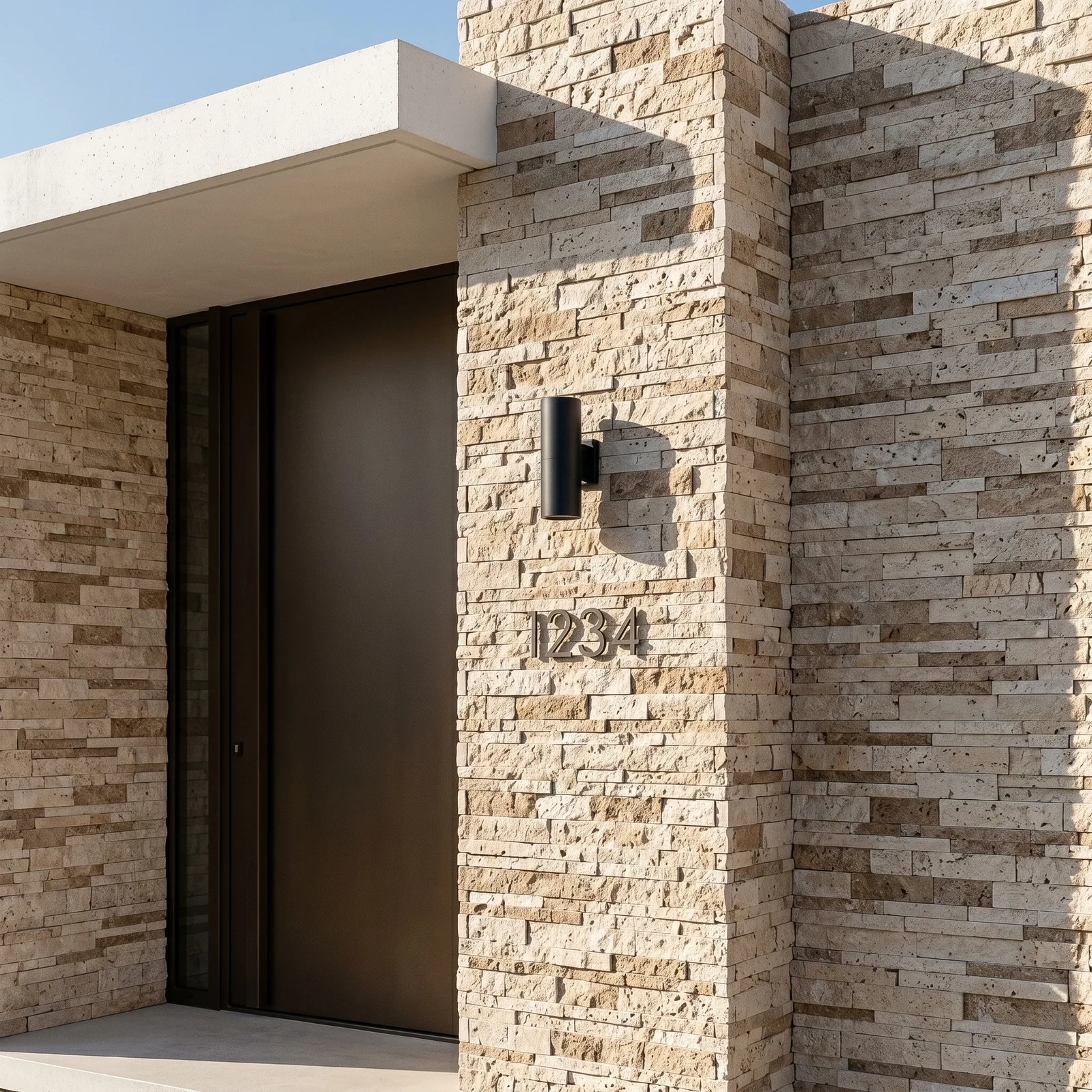 Exterior entrance faced in Light Noce travertine ledger panel, the stone wrapping a corner beside a dark door, with a house number and a wall sconce mounted on it.