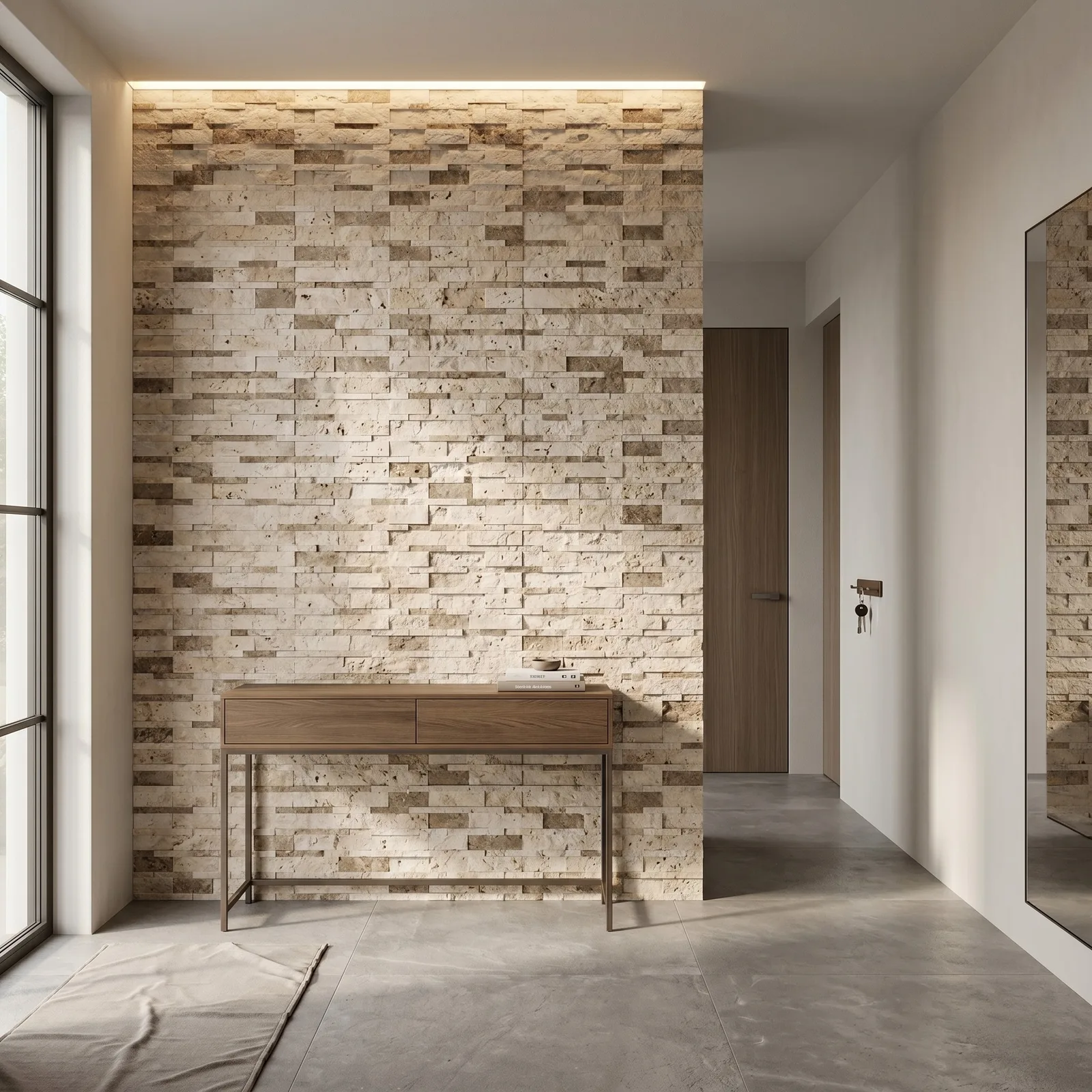 Hallway with a slim console table against a Light Noce travertine ledger panel wall, washed from a recessed cove at the ceiling so the stacked courses read in relief.