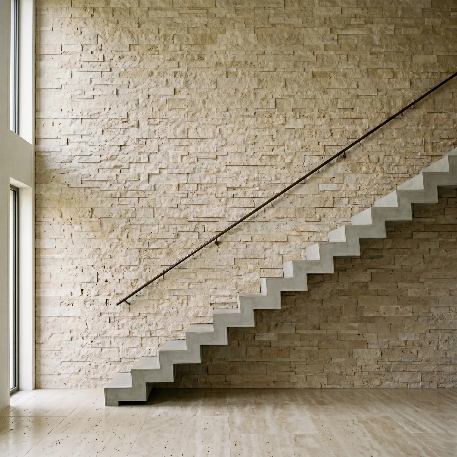 Pale Light Travertine ledger panel wall behind a floating white stair, a thin black handrail running diagonally across the stacked courses.