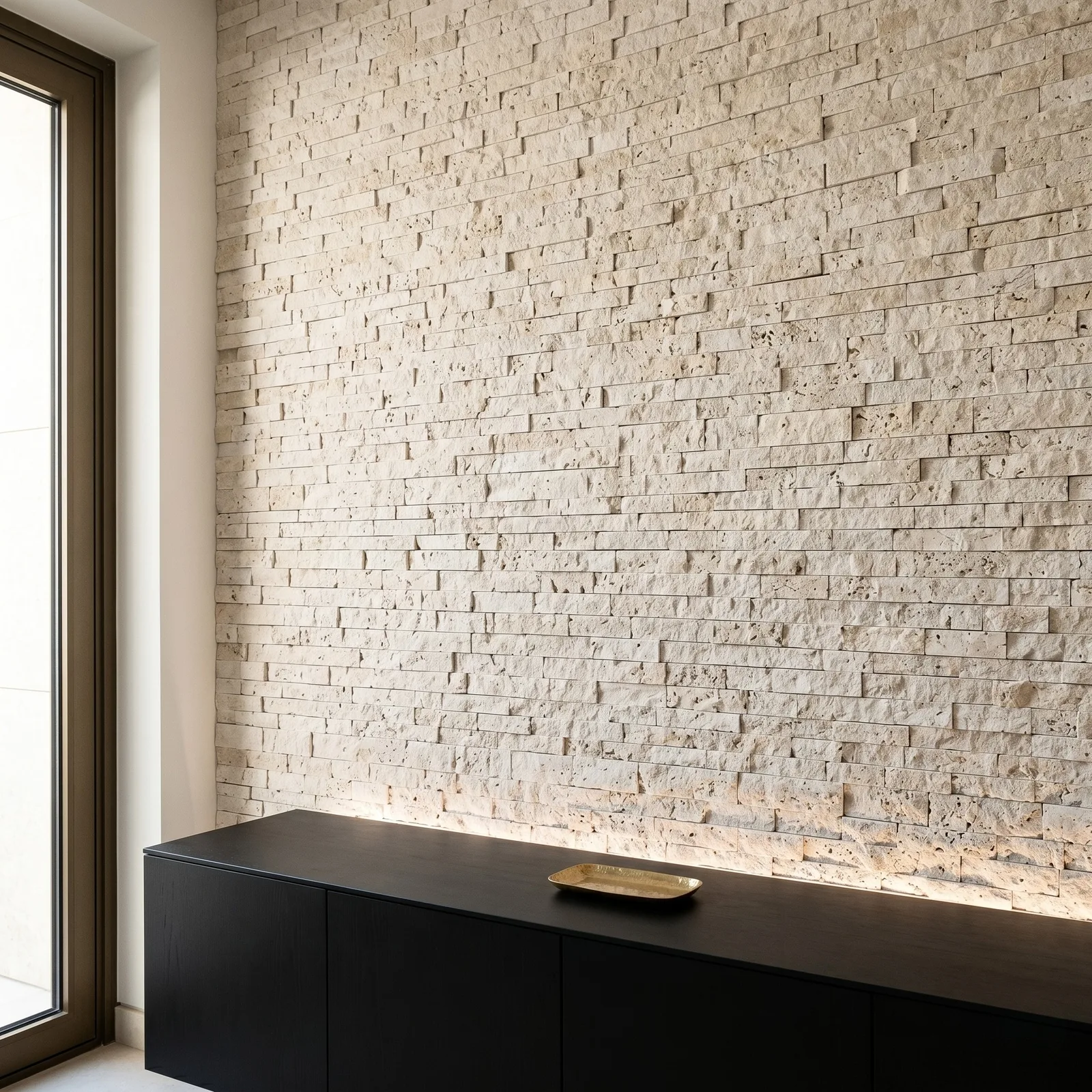 Long Light Travertine ledger panel wall lit from below behind a low black credenza, the grazing light picking out every broken edge.
