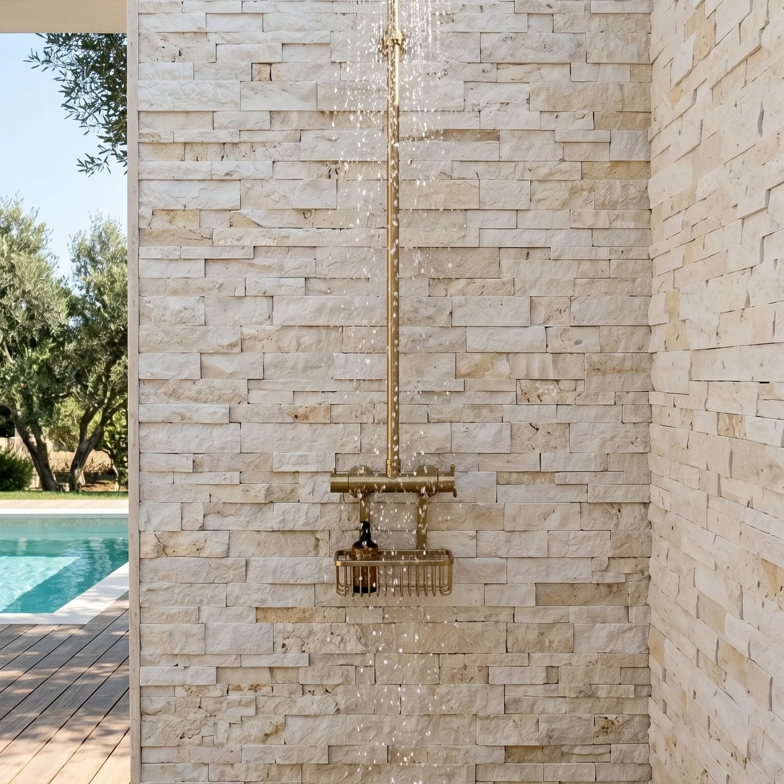 Shower set against a limestone ledger panel wall, a brass rose and fittings mounted on the pale cream split-face stone.