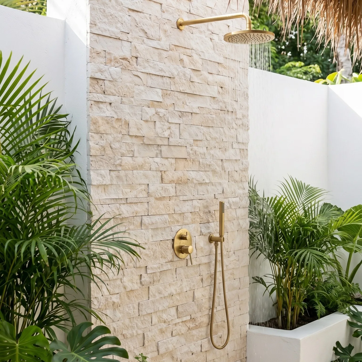 Outdoor shower on a limestone ledger panel wall, a brass rose and mixer mounted on the split-face stone, with tropical planting to either side and a thatched roof beyond.