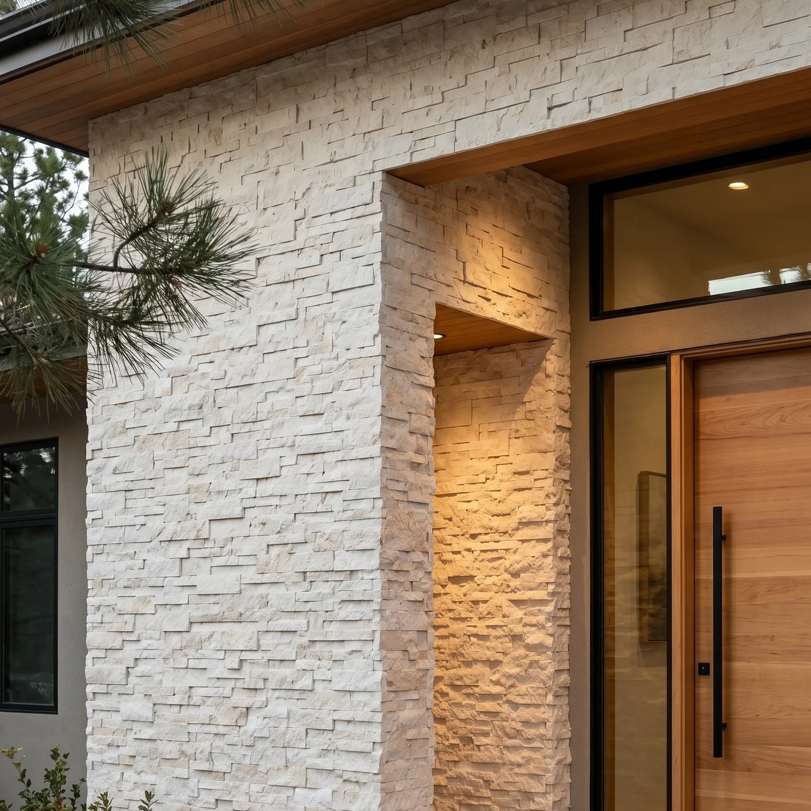 Entrance elevation in Myra Beige marble ledger panel, a tall timber door lit from within its reveal and a pine branch crossing the warm cream stone.