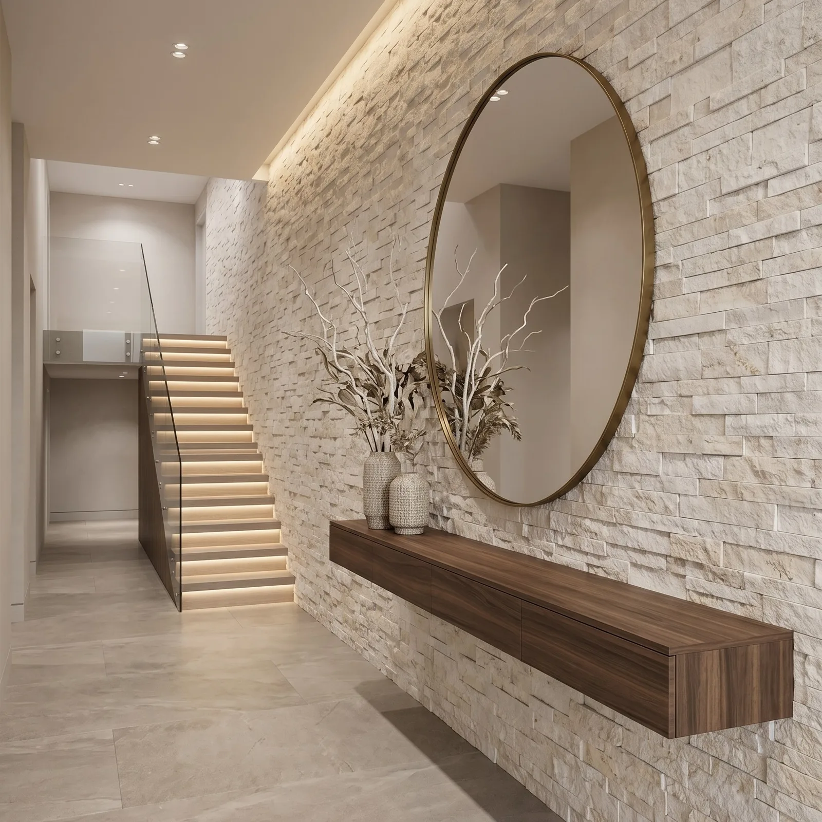 Hallway wall in Myra Beige marble ledger panel with a round mirror and a timber console, a stair rising beyond in the warm cream stone.