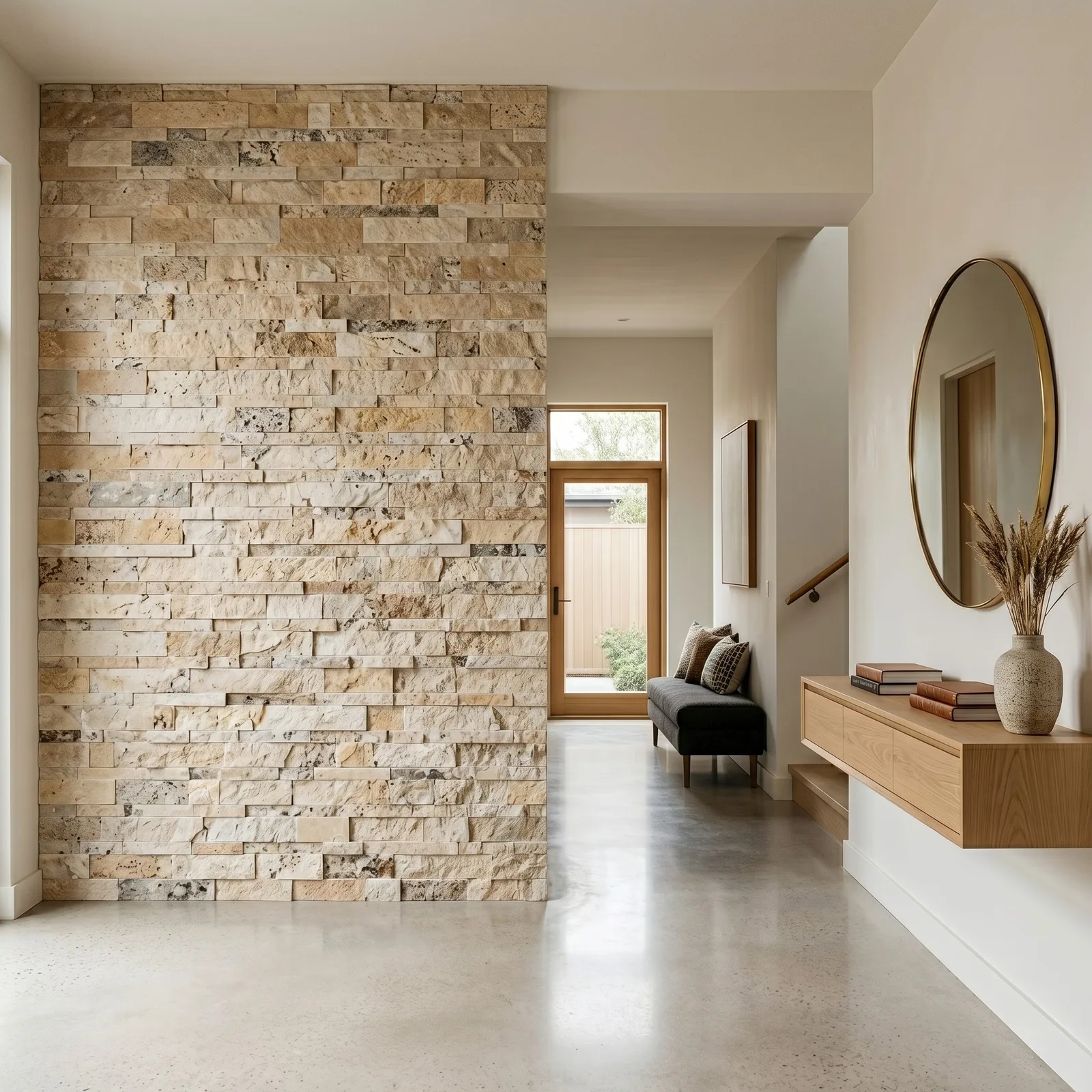Interior hallway with a Philadelphia travertine ledger panel wall, an oak console and a round mirror set against the mixed cream and gold strips.