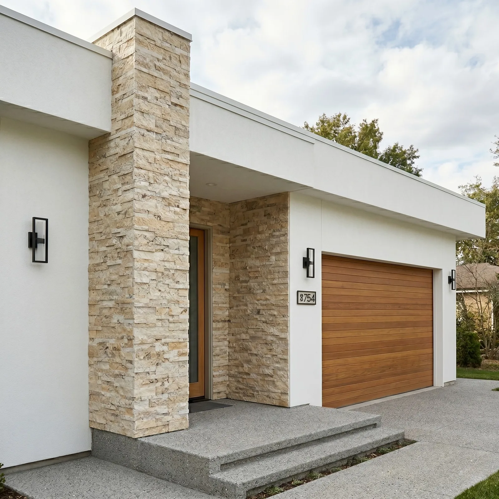 Philadelphia travertine ledger panel on an exterior column beside a timber garage door, the stone set against flat white render.