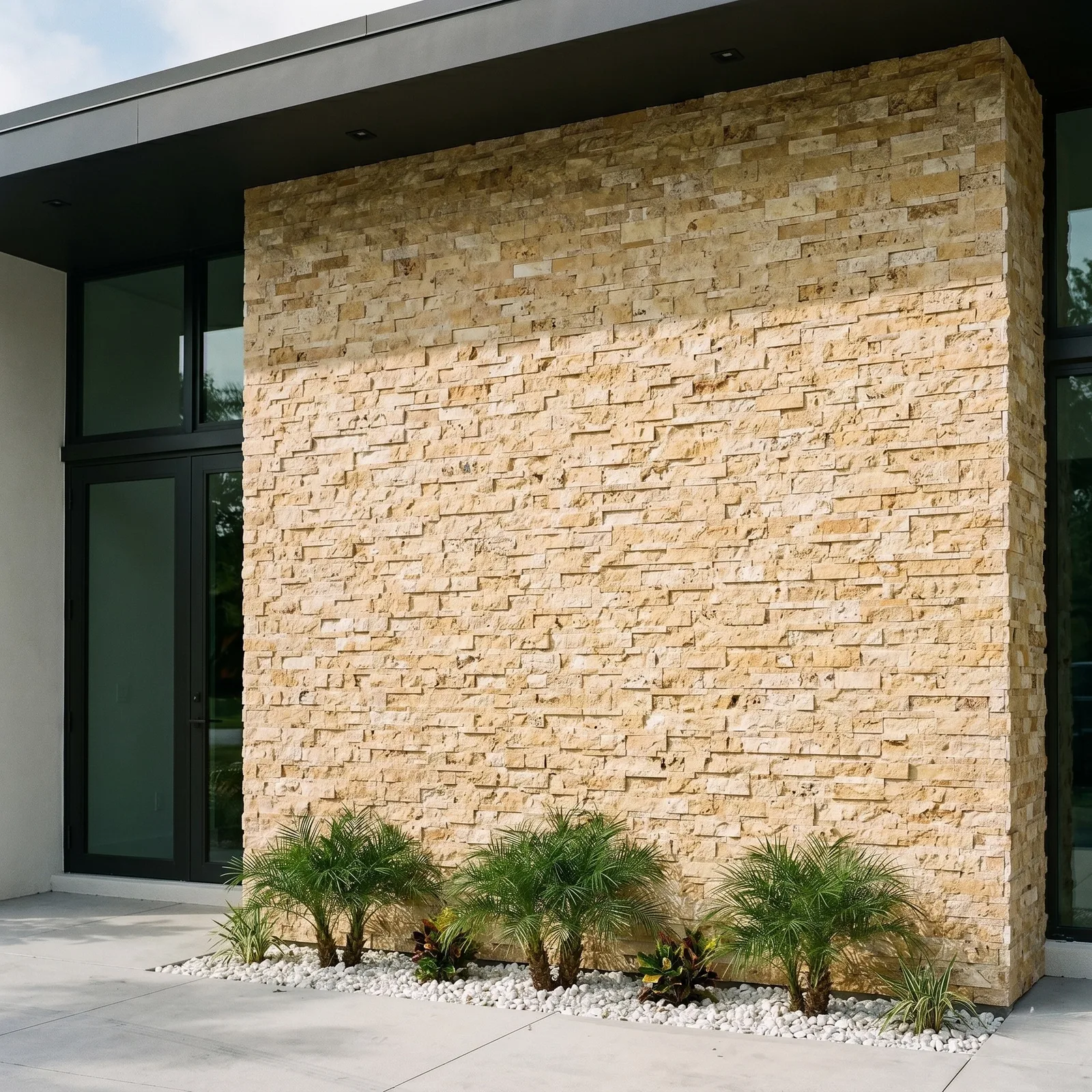 A large facade of Scabos travertine ledger panel in full sun, the rust, gold and honey strips reading warm against dark glazing, with low palms and white gravel at the base.