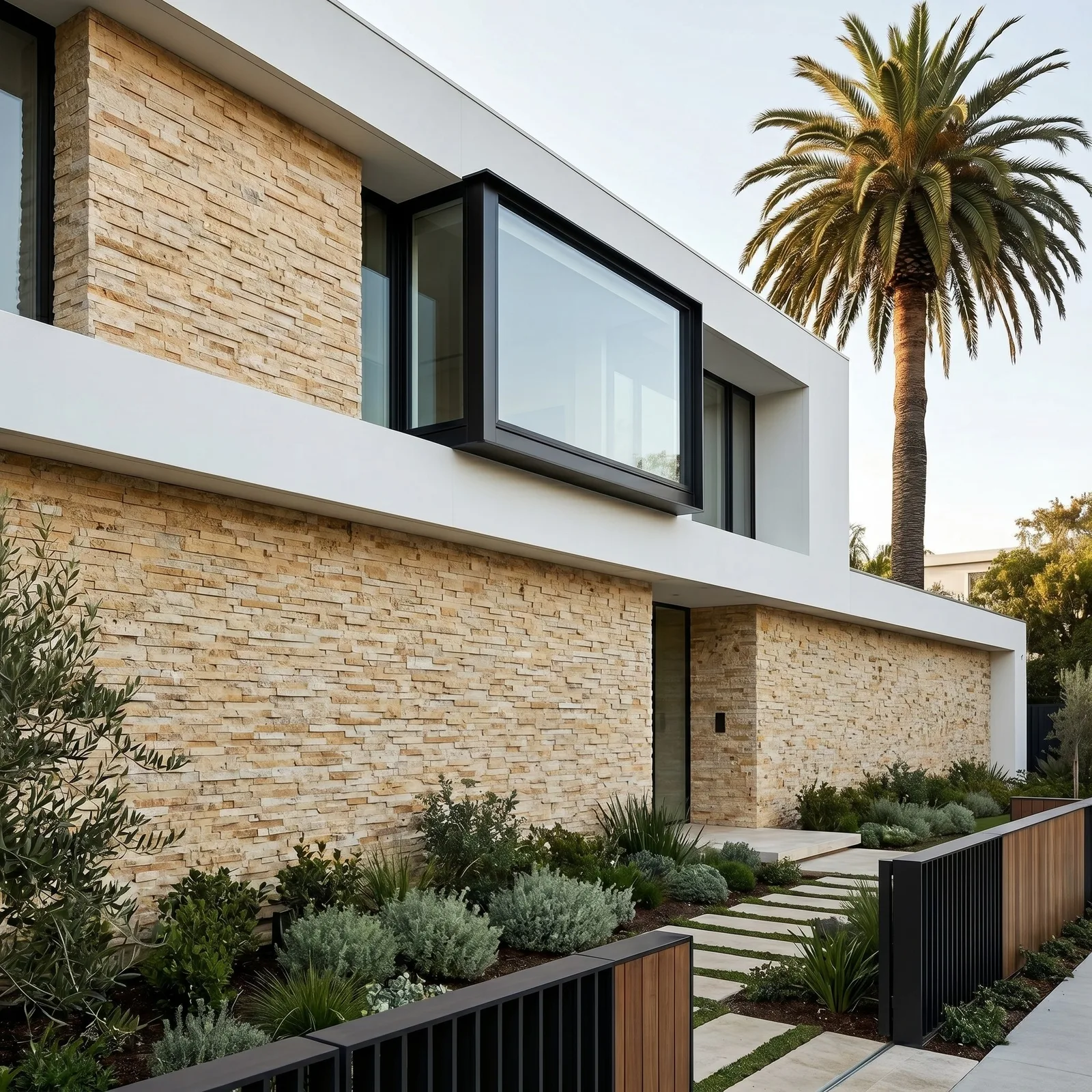 Modern house with its upper volume clad in Scabos travertine ledger panel above a black window band, seen past a palm and low planting.