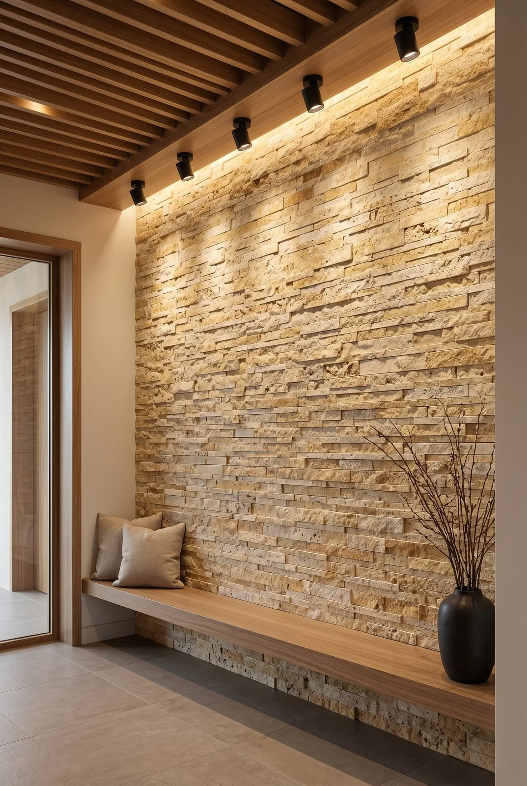 Seating nook with a Scabos travertine ledger panel wall uplit beneath a slatted timber ceiling, a bench and a tall vase of branches in front of it.