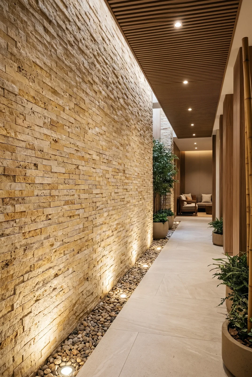 Corridor running beside a Scabos travertine ledger panel wall lit from below, the warm strips glowing under a timber ceiling.