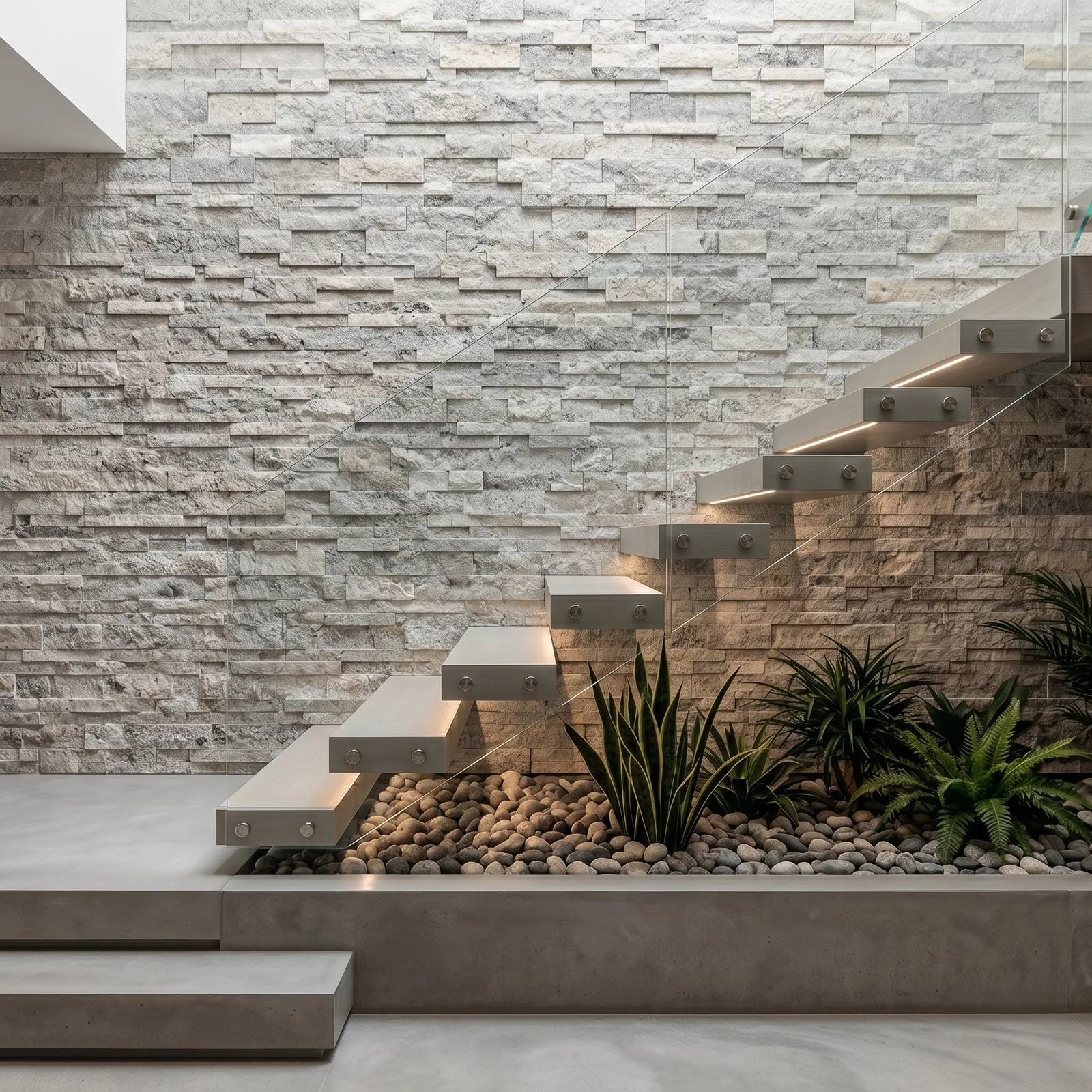 Wall of Silver travertine ledger panel in warm grey and taupe behind floating stair treads with integrated step lighting, a pebble bed and planting at its base.