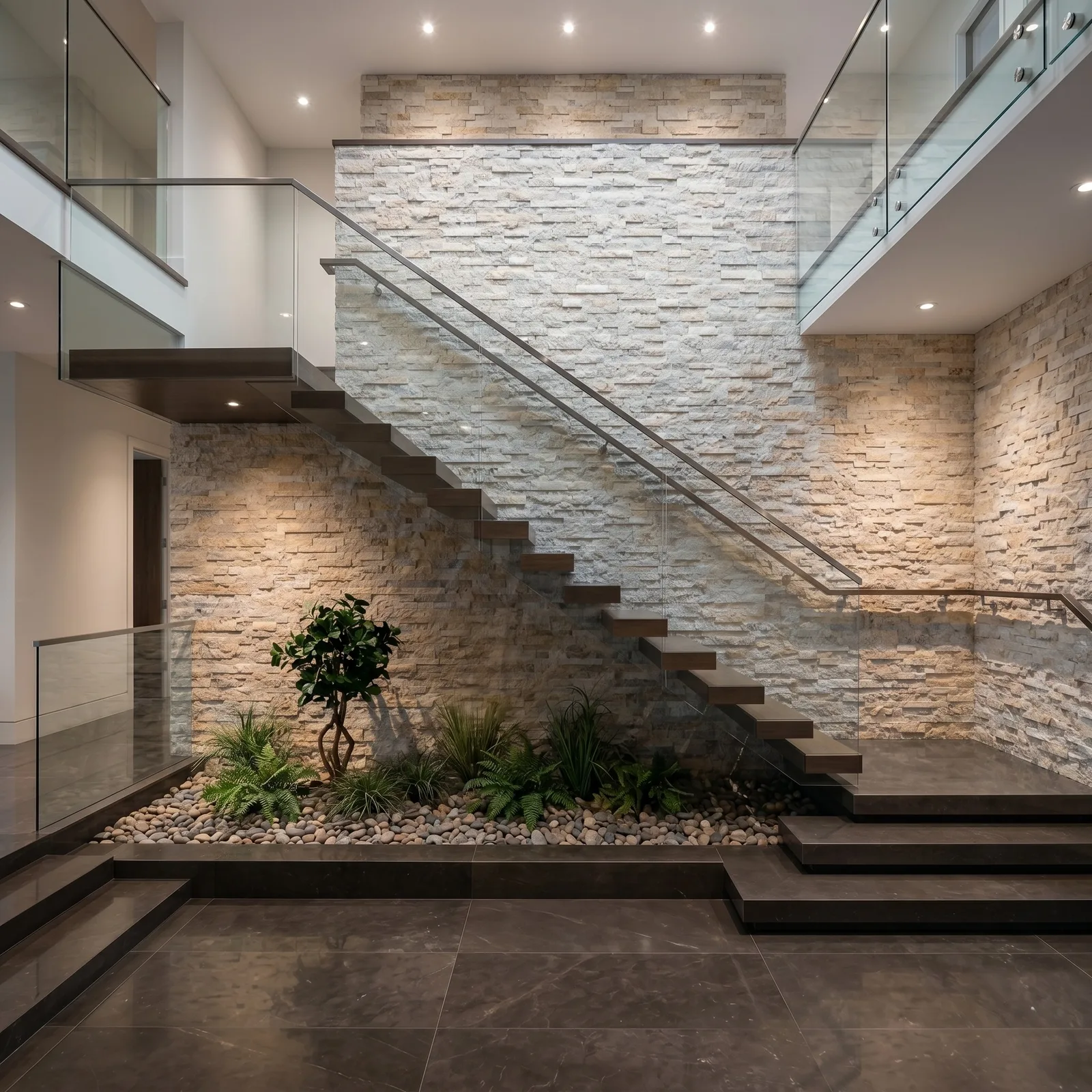 Double-height stair hall with a Silver travertine ledger panel wall uplit behind a glass balustrade, a small tree set in a pebble bed at the foot of the stair.