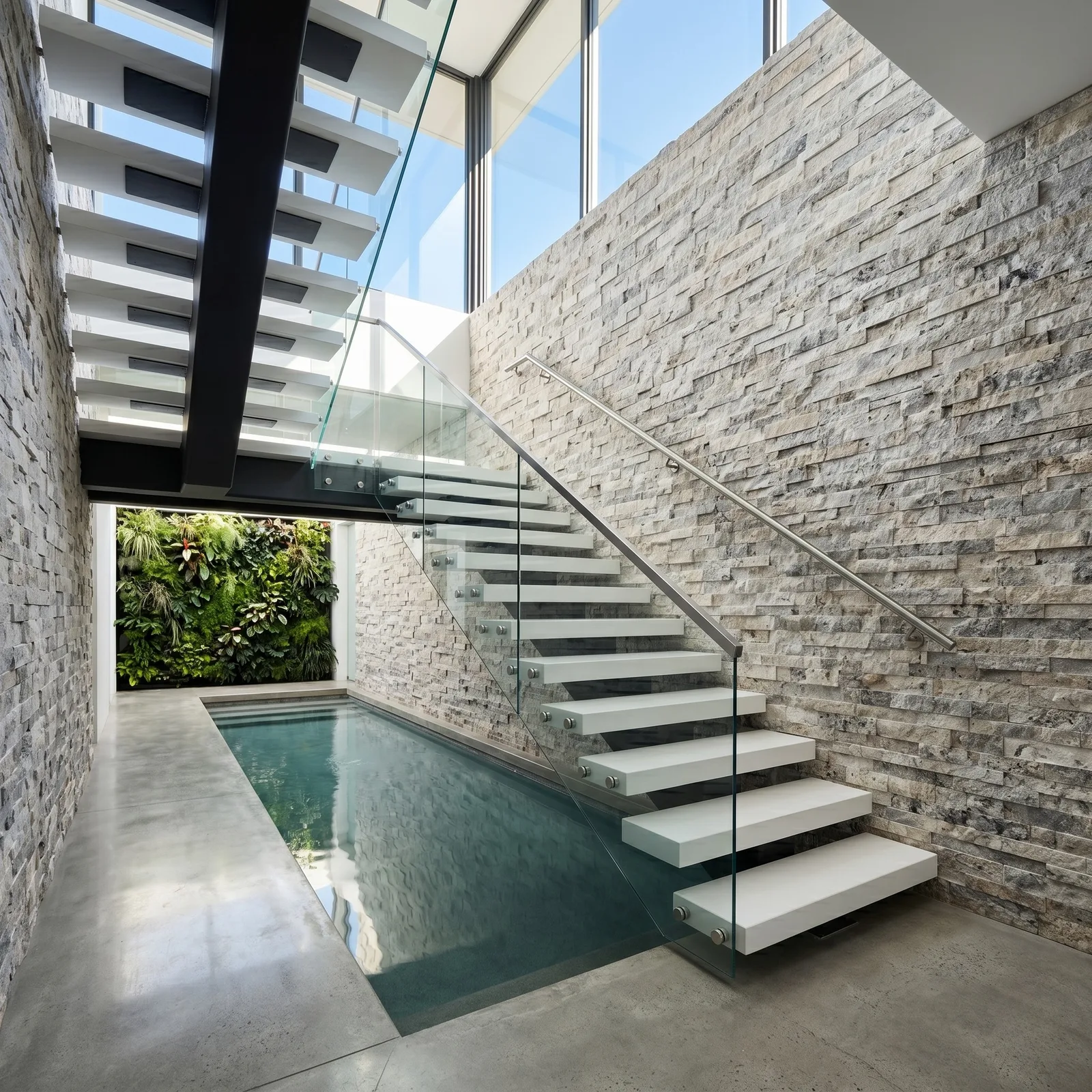 Outdoor lap pool running beside a Silver travertine ledger panel wall, with a white cantilevered stair and a louvred canopy above.
