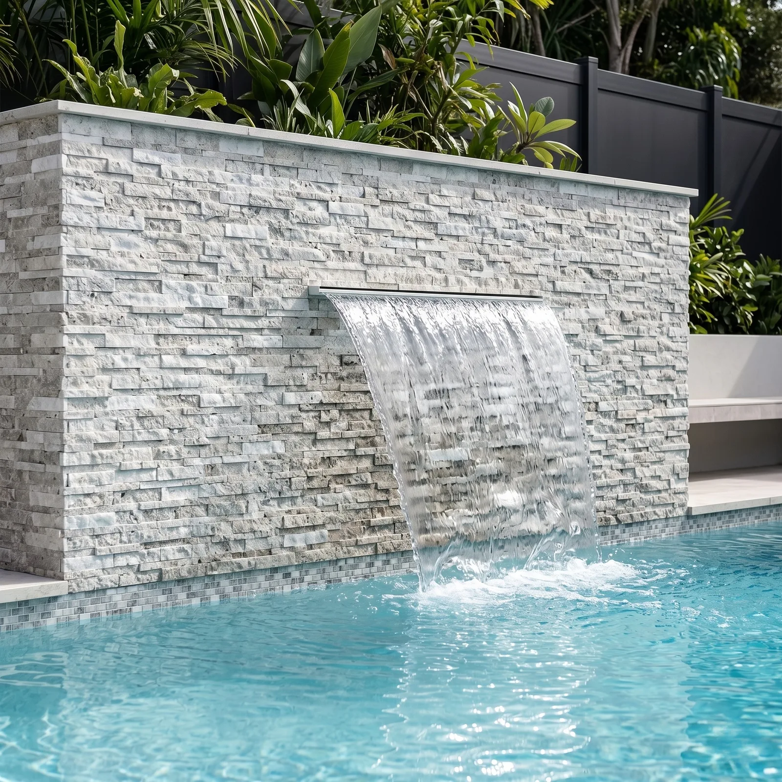 Sheer spout falling into a pool from a wall clad in Silver White travertine ledger panel, the cool grey and chalk-white strips set against planting.