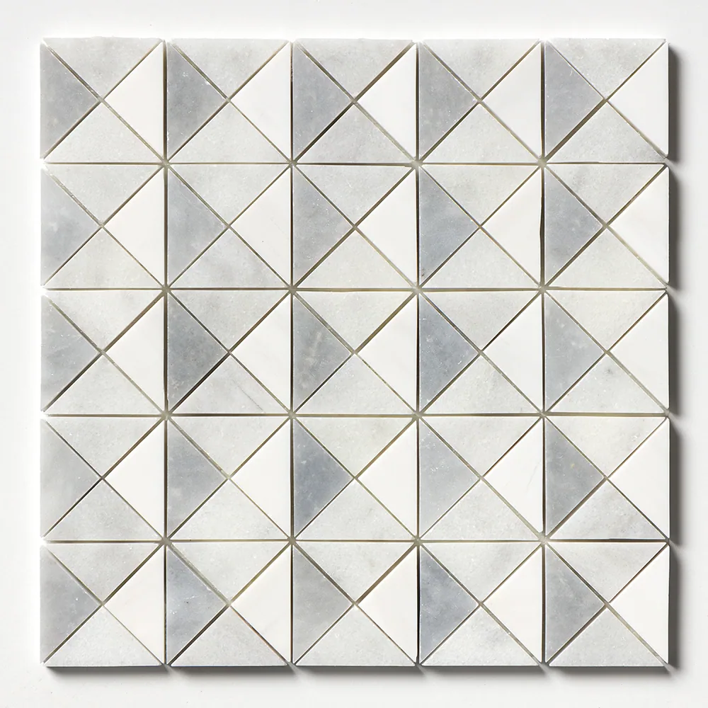 The Devon sheet seen straight on, triangles of Snow White, Allure and Glacier marble grouped into repeating pinwheel squares.