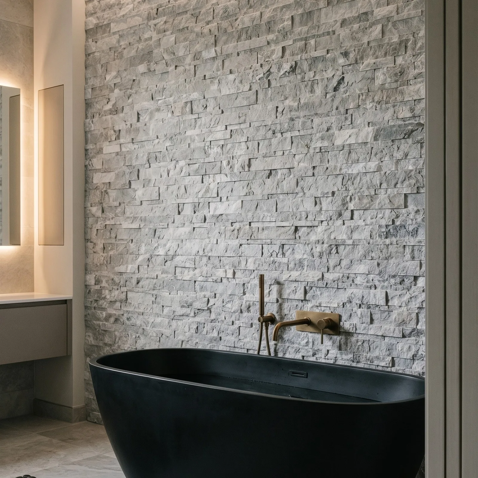Bathroom wall in Tundra Grey marble ledger panel with a freestanding black bath in front of it and a brass wall-mounted filler.