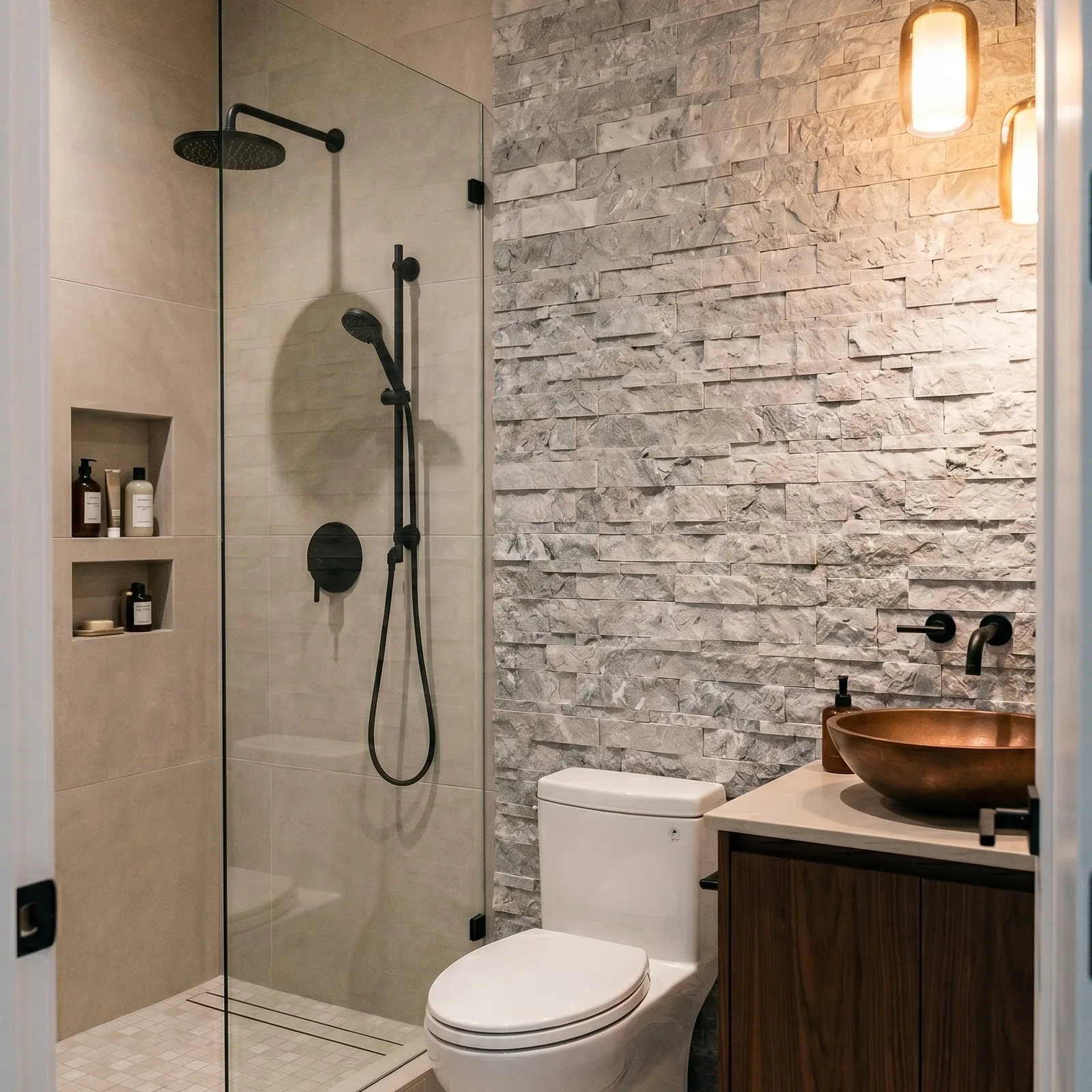 Shower room lined in Tundra Grey marble ledger panel, a glazed screen and black fittings against the pale grey split-face stone.