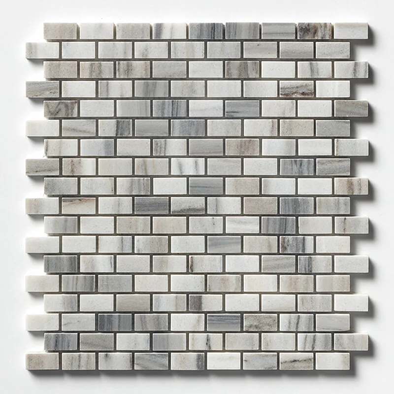 The Verona brick mosaic straight on, rows of pale grey and cream chips with strong horizontal veining through several of them.