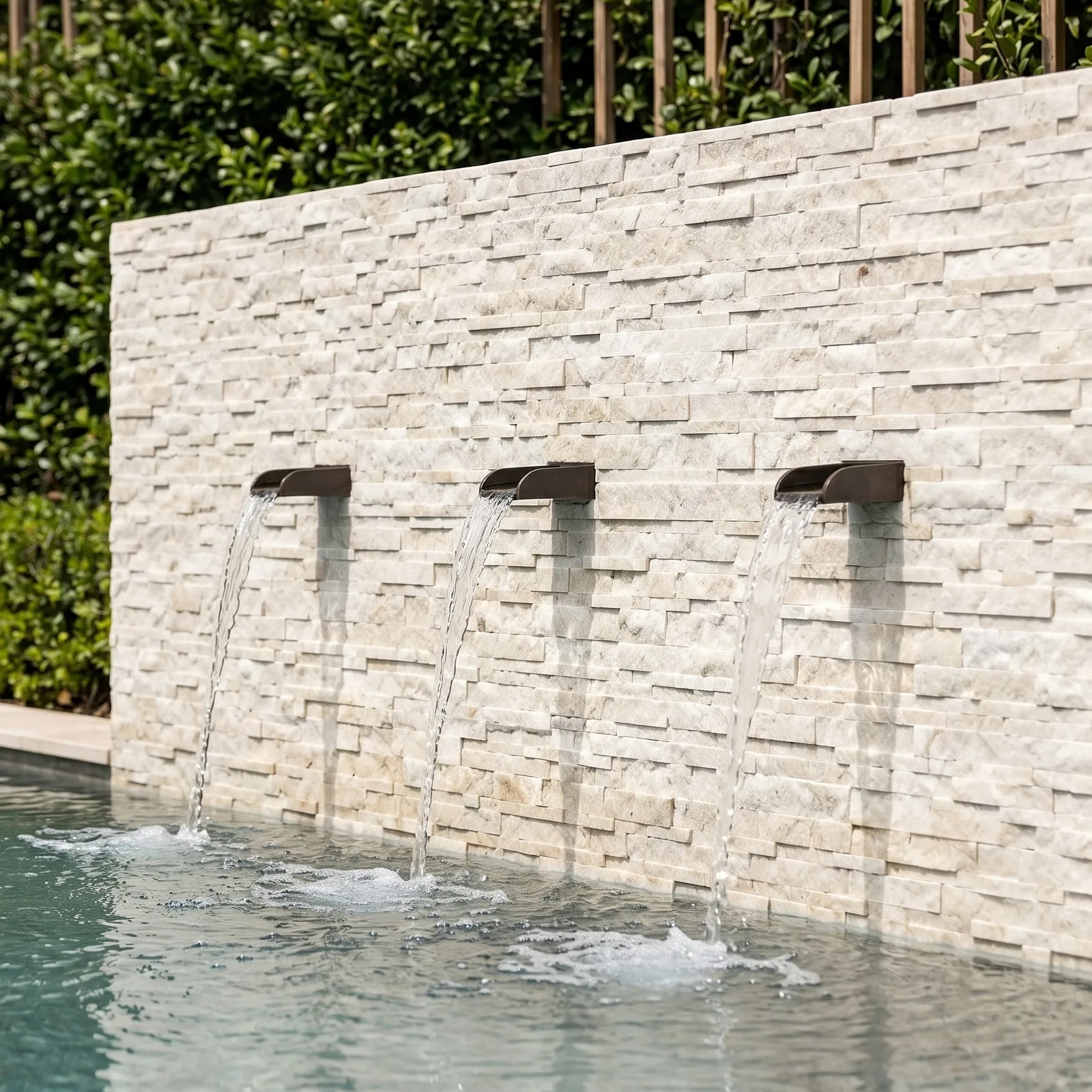 A long white marble ledger panel wall beside a pool, three dark spouts set into it spilling water into the surface below.