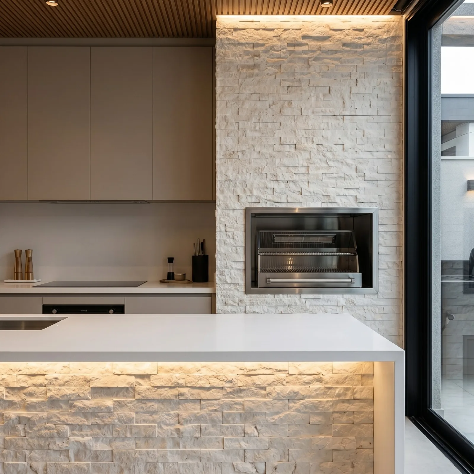 Kitchen island faced in white marble ledger panel, lit from beneath the counter, with the same stone continuing up the wall behind the hob.