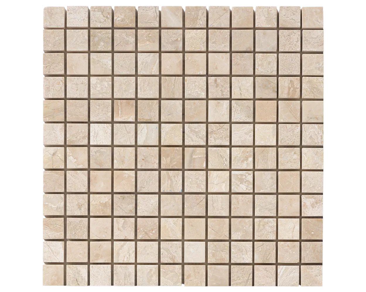 Diana Royal marble mosaic: a mesh-backed sheet of small square cream and beige tesserae, each piece carrying its own soft veining.