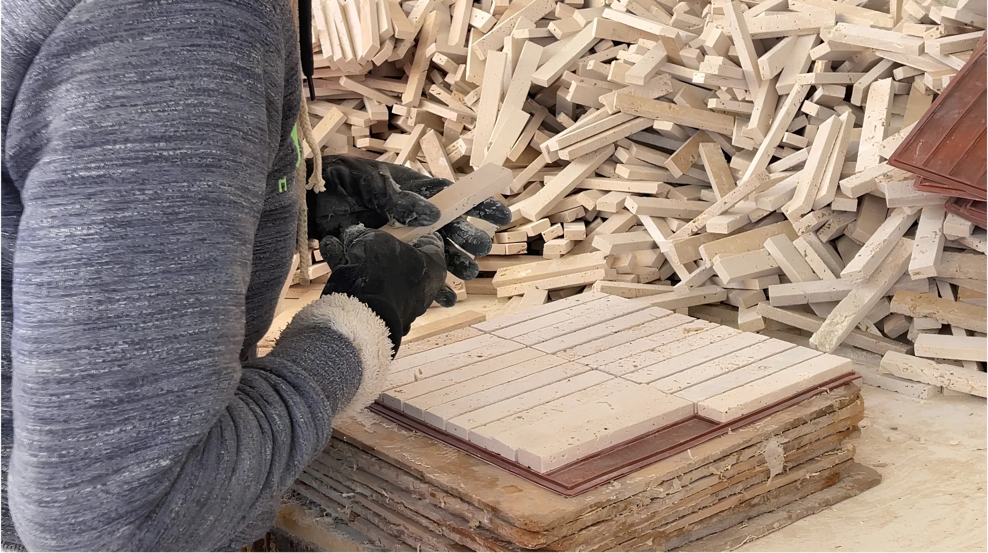 A gloved hand setting cut travertine strips into a panel on the workshop bench, with a deep pile of sawn offcuts banked behind it.