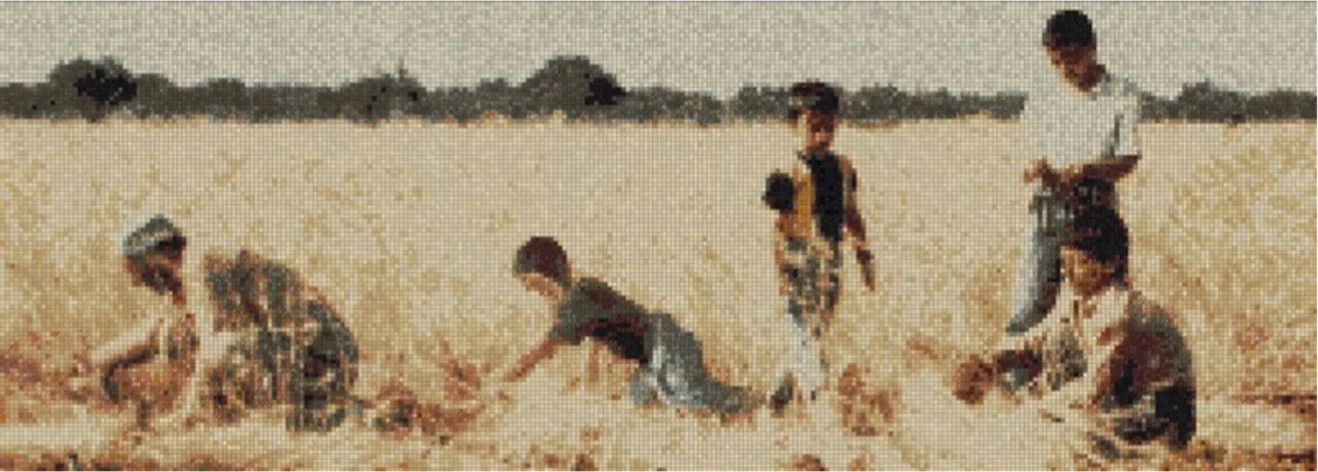 The same photograph as a mosaic simulation: the identical field and figures rebuilt from a fine regular grid of flat-toned stone tesserae, the treeline resolved into rows of dark green and grey squares.