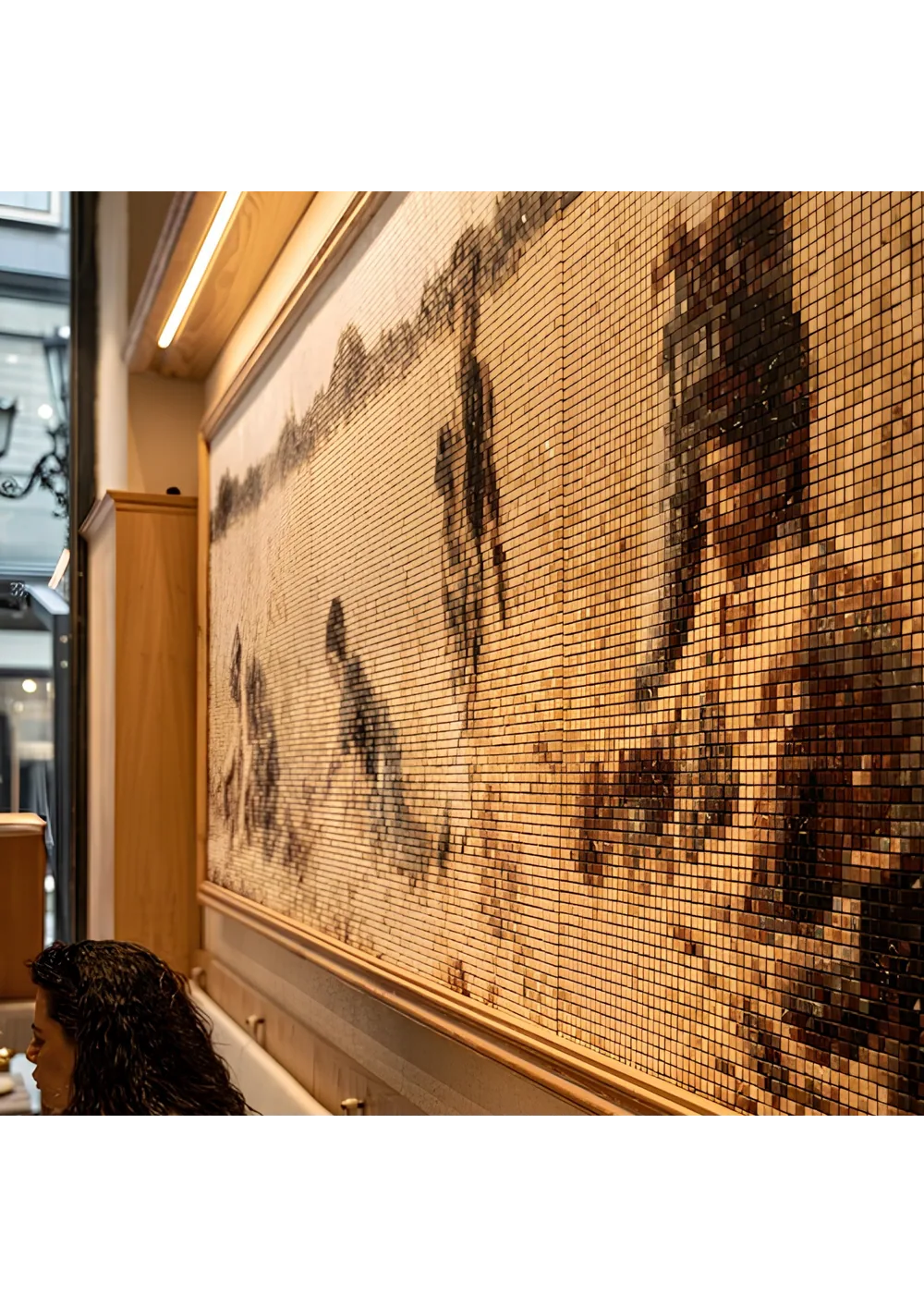Close photograph of the finished mosaic from an oblique angle: rows of small rectangular tesserae running away down the panel, each catching the warm strip light differently.