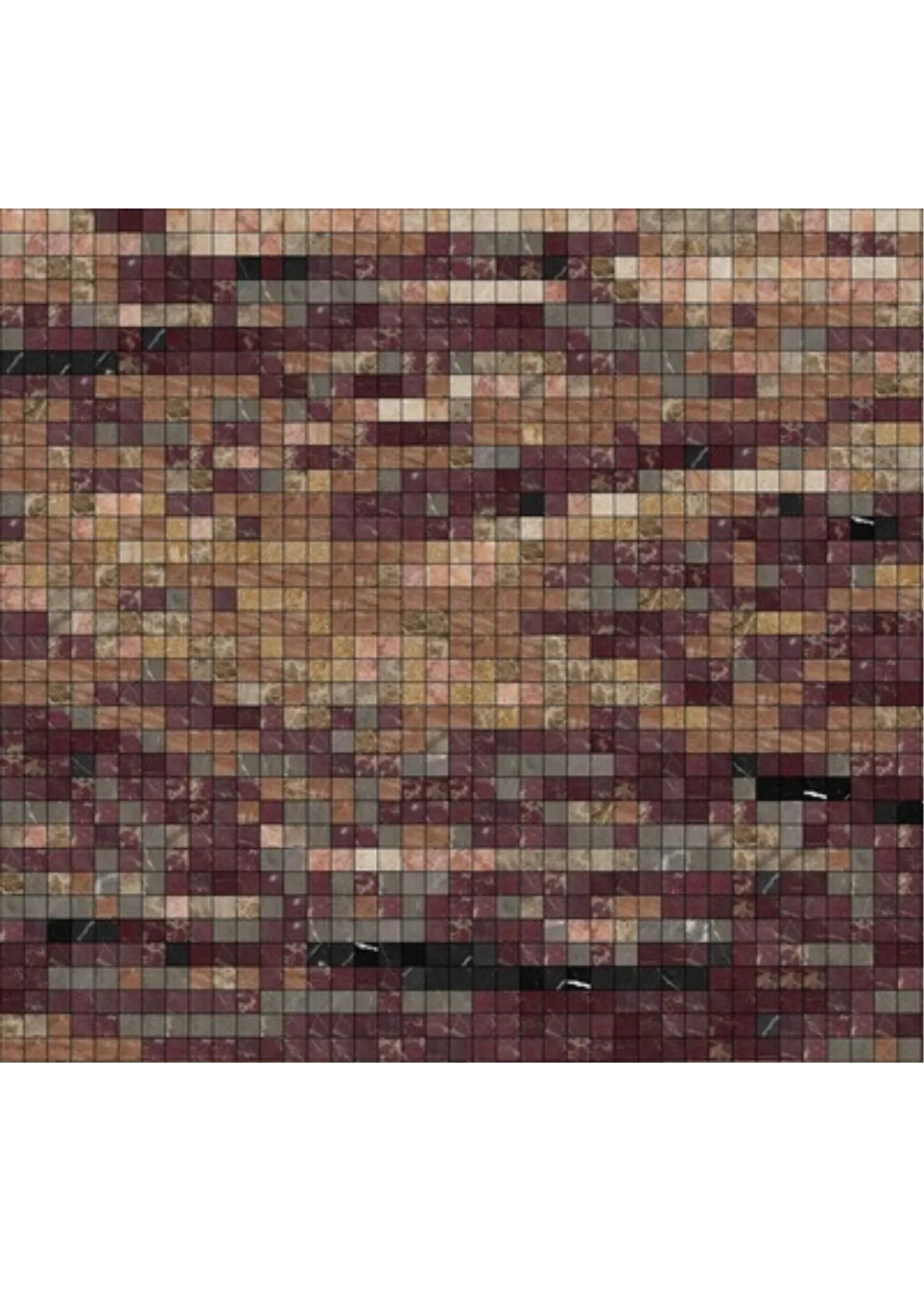 Close view of the simulation, resolved into separate square stone tesserae — rose, burgundy, tan and grey marbles set on a regular grid, each piece a distinct cut of stone with its own veining, a few black pieces scattered through.