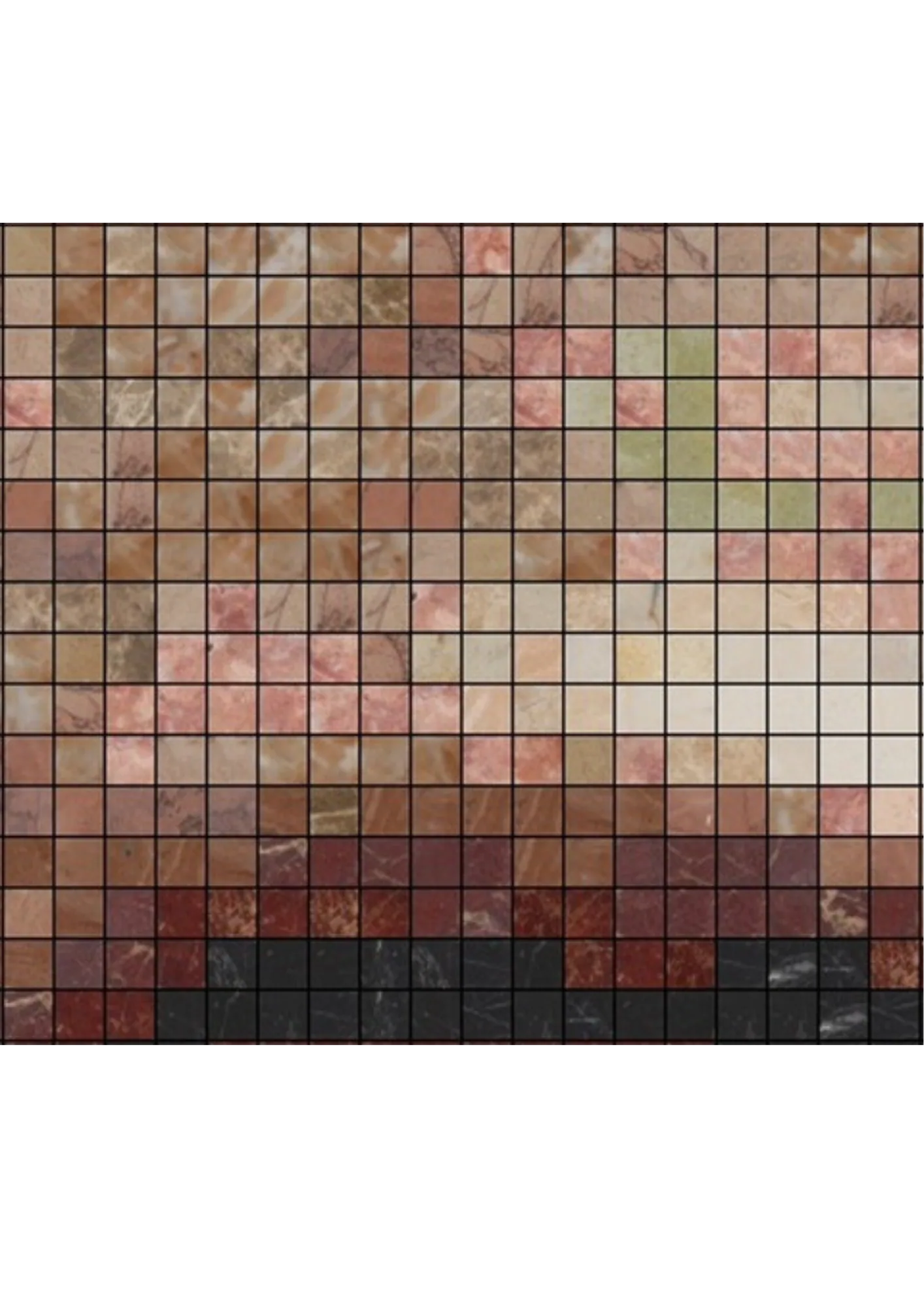 Close view of the simulation, resolved into separate square stone tesserae — rose, apricot and cream marbles across the cheek, each piece carrying its own veining, dropping through deep red to a row of near-black pieces along the bottom edge.