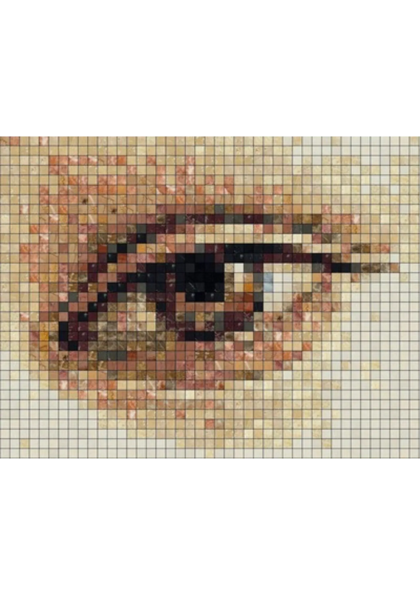 Close view of the mosaic simulation, resolved into separate square stone tesserae — the eye and brow of Venus stepped into blocks of cream, apricot and rose marble, the lash line dropping through black and deep red pieces.
