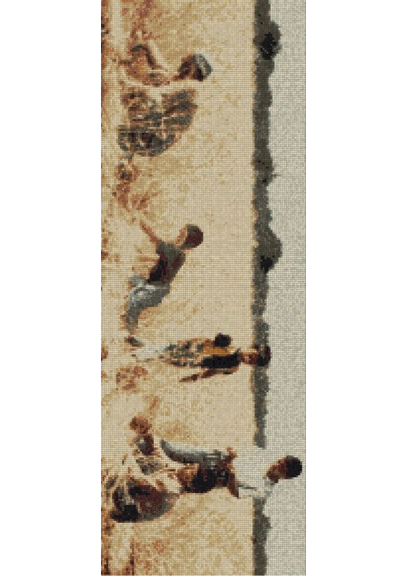 The full artwork as a mosaic simulation: a long panoramic band of figures on a pale sandy expanse, a dark green treeline running behind them, the whole quantised into a fine regular grid of flat-toned tesserae.