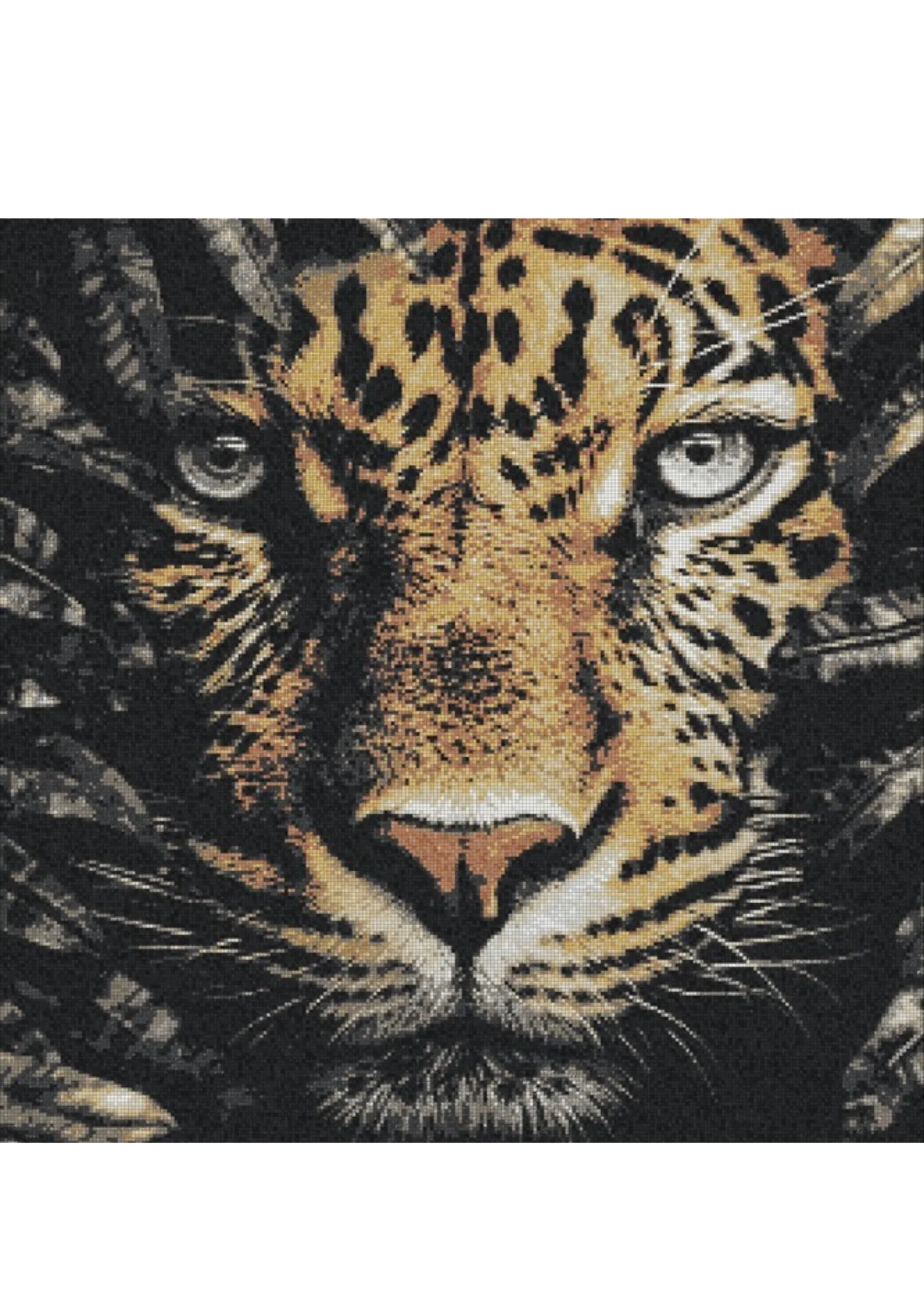 The full artwork as a mosaic simulation: a leopard's face fills the square panel, amber and black rosettes across the brow and cheeks, both eyes catching the light, pale whiskers cutting across the dark foliage that closes in around it.