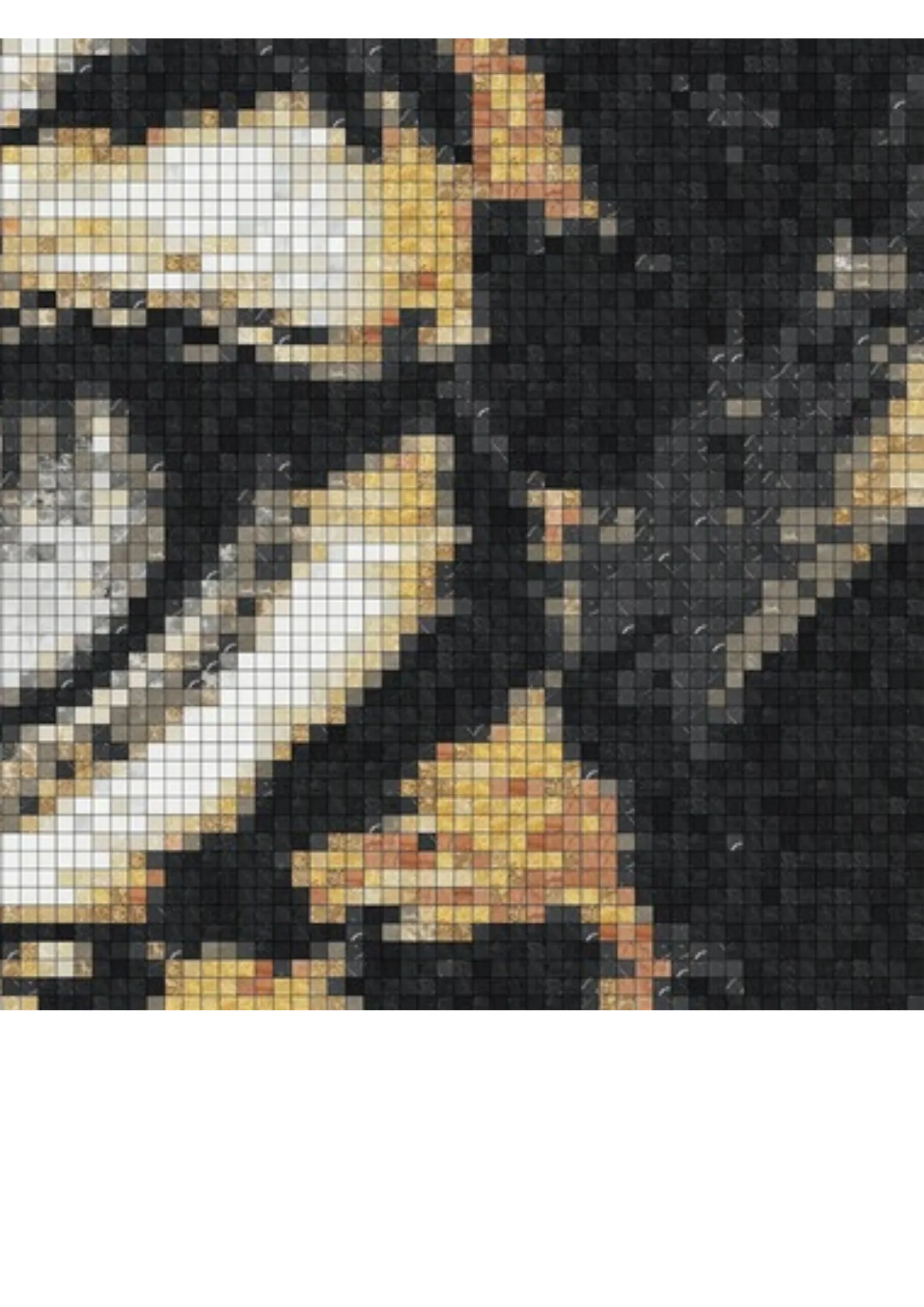 Close view of the same simulation, resolved into separate square stone tesserae — cream, ochre and rust marbles stepping the muzzle and the pale whisker pads into blocks against a field of near-black pieces.