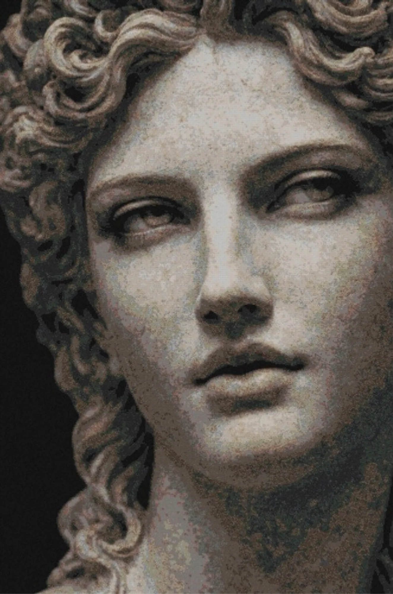 A classical female head as a mosaic simulation: curled hair and a level gaze built from cream, grey and blush marbles.