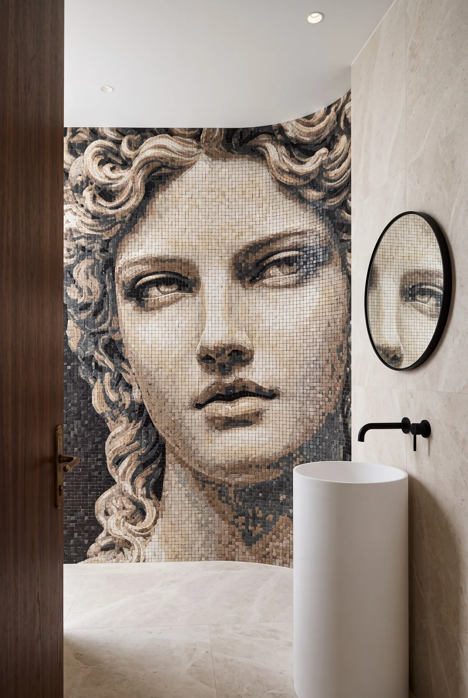 A simulation of the same head set on a washroom wall, running floor to ceiling beside a cylindrical basin.
