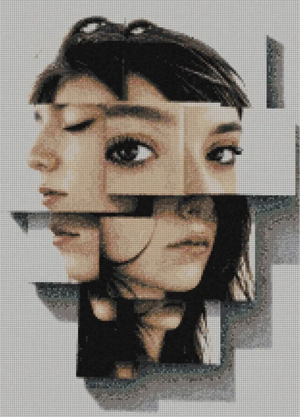 Fragmented Muse as a mosaic simulation: a portrait broken into offset rectangular panels that slip against one another, in monochrome and skin tones.