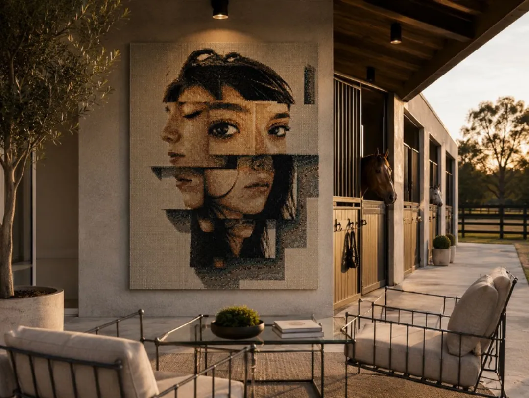 A simulation of the same artwork on a covered terrace wall beside outdoor seating, open to a field beyond.