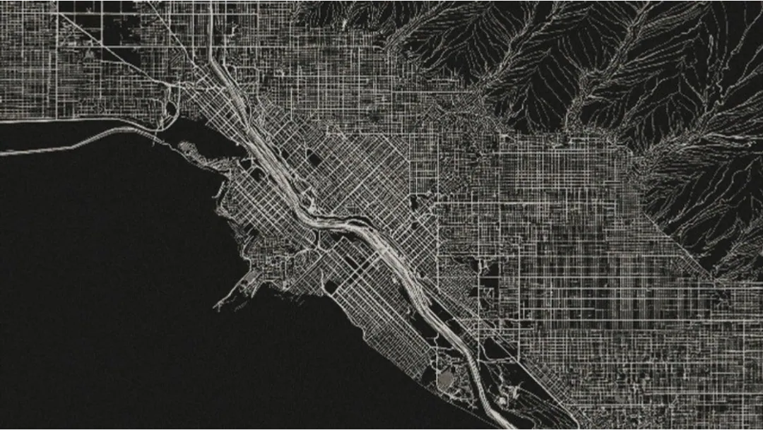 Los Angeles as a mosaic simulation: the city's street grid and coastline drawn in fine pale lines across a near-black ground.