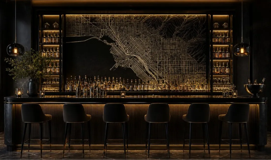 A simulation of the same map running the full back wall of a dark bar, lit behind the bottle shelves, with stools along the counter.