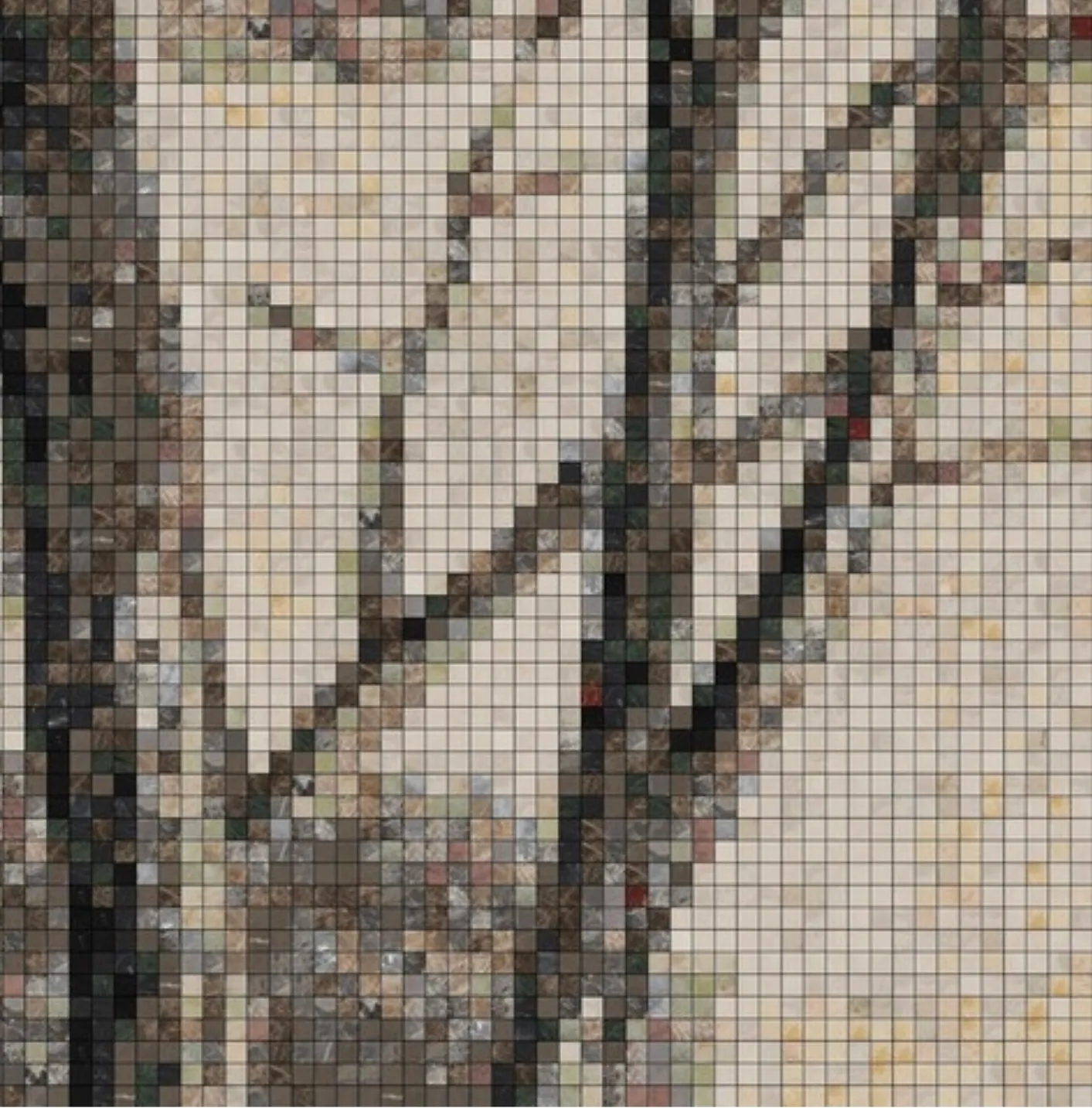 Close view of the simulation: bare branches resolved into pale square stones against a light ground.