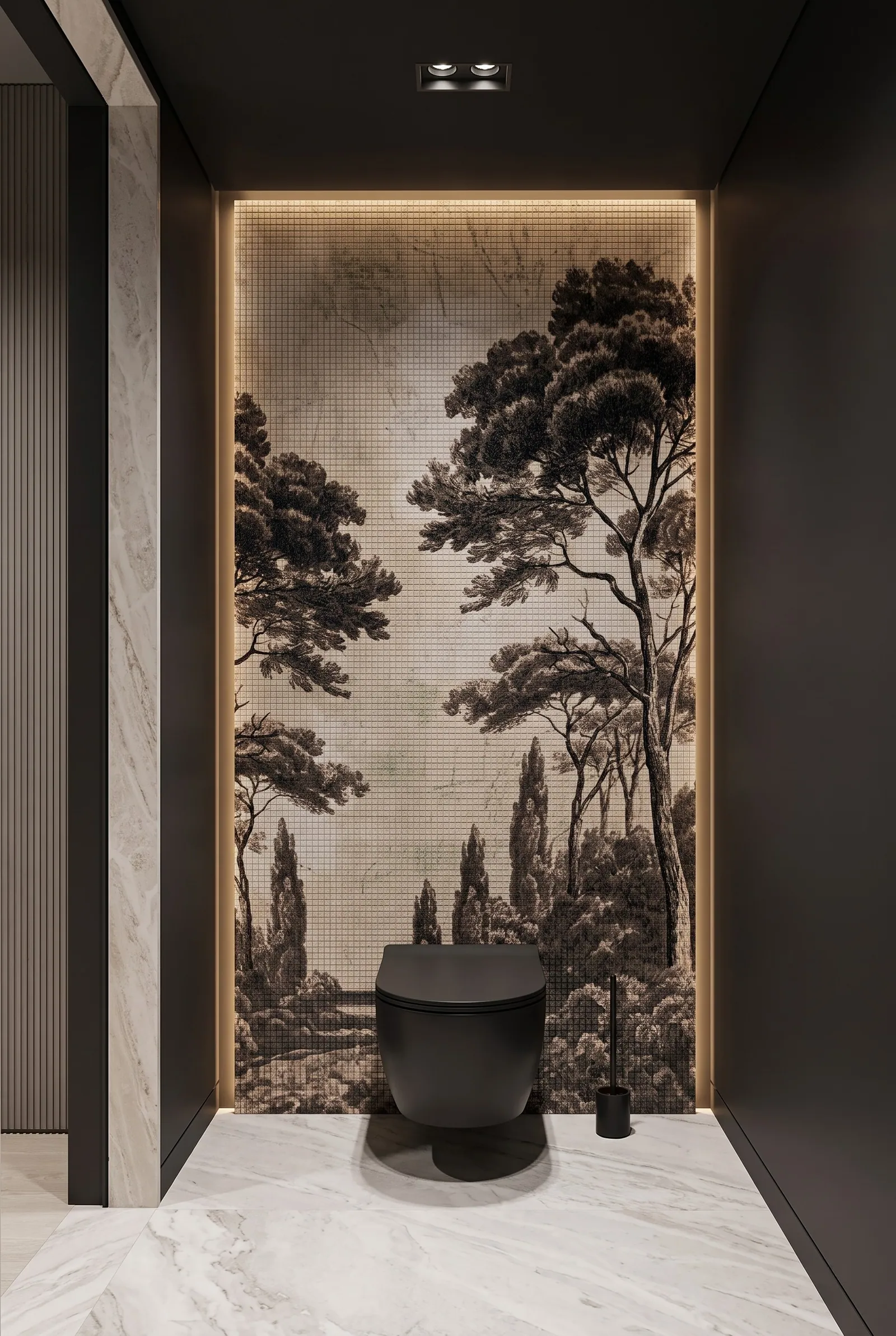 A simulation of the same landscape as a lit panel in a dark powder room, framed by a warm perimeter light.