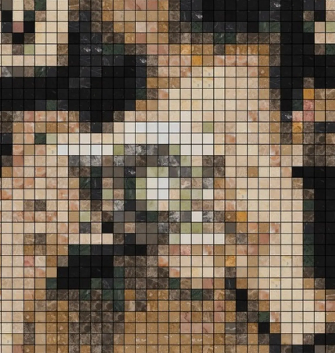 Close view of the simulation, the face resolved into separate square stones in cream, taupe and charcoal.