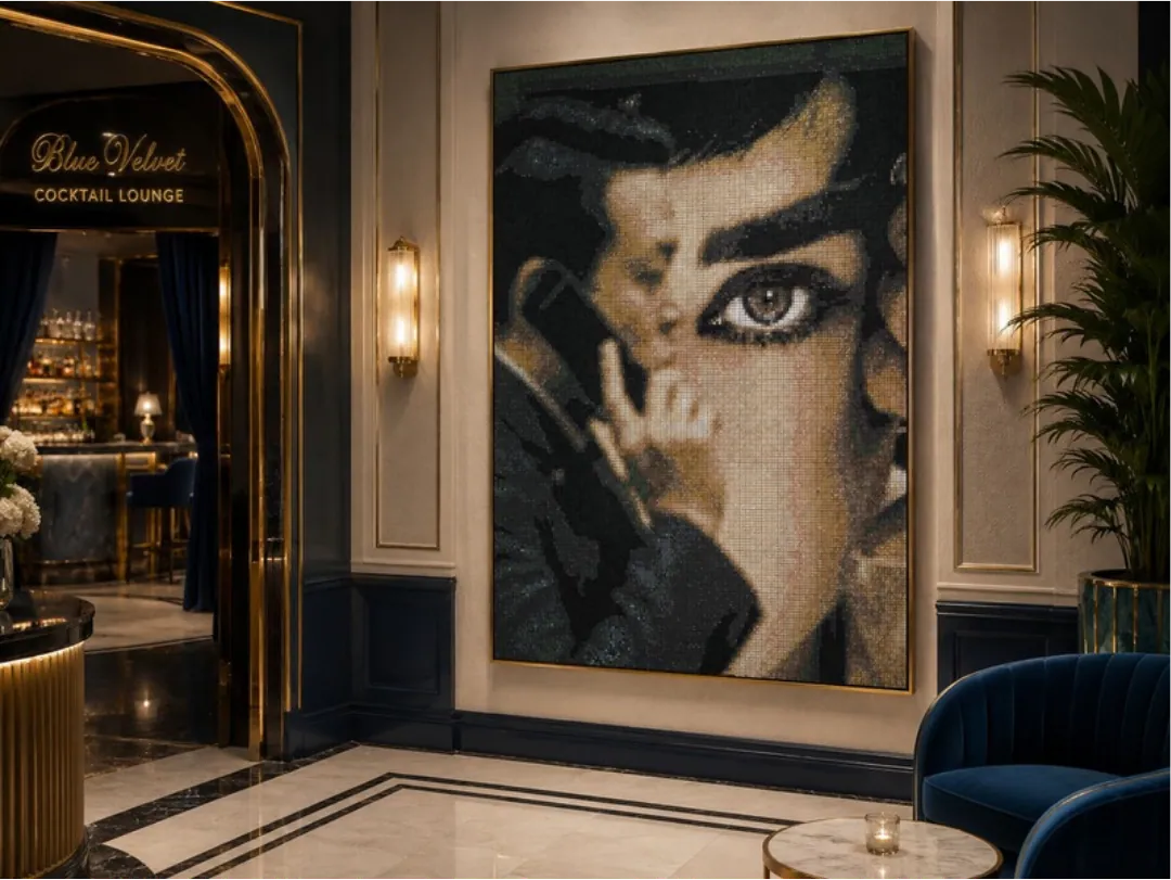 A simulation of the same artwork mounted in a dark cocktail lounge, lit from above, with banquette seating below.